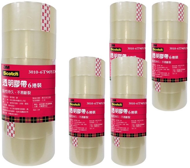 3M Scotch 封箱膠帶 3010-6T90YD 48mm x 90y, 透明, 30個