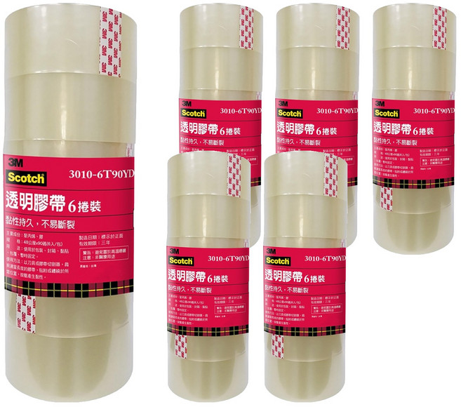 3M Scotch 封箱膠帶 3010-6T90YD 48mm x 90y, 透明, 36個
