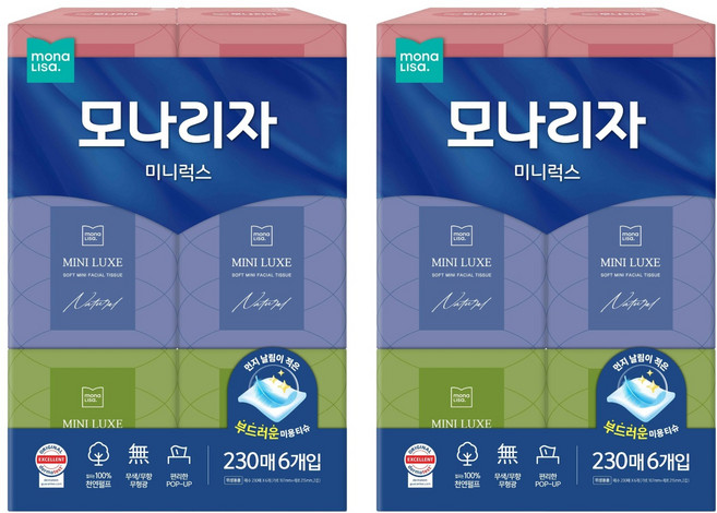 모나리자 미니럭스 천연펄프 미용티슈 2겹, 230매, 12개