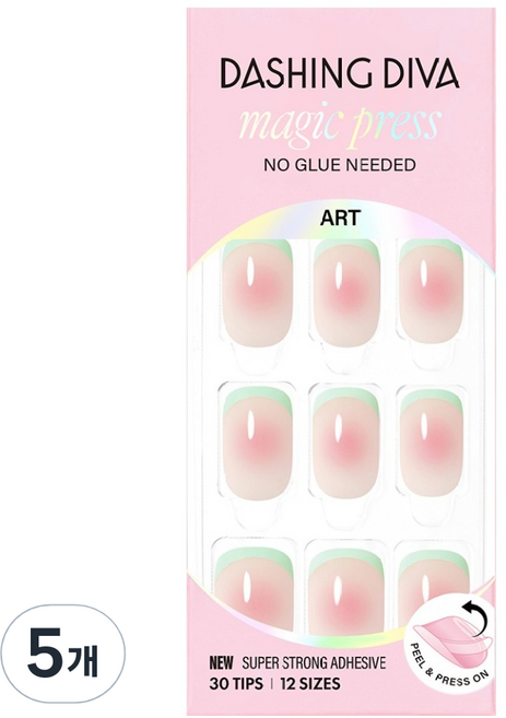 데싱디바 매직프레스 치크 멜론 네일팁, 5개, 핑크 + 코랄 + 그린