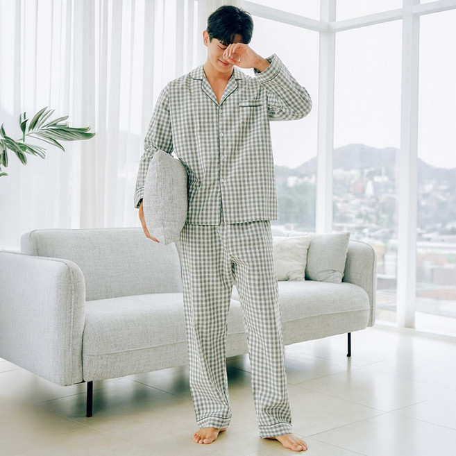 Lunaluz 男士經典格紋長袖翻領兩件式棉質睡衣
