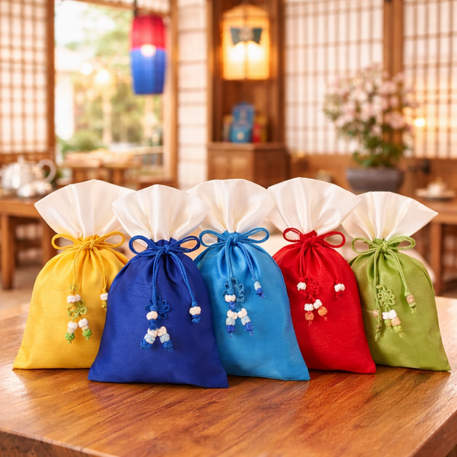 indi.k 傳統素色福袋禮物包裝束口袋 5件組 M, 天藍色, 靛藍色, 柚子黃, 嫩綠色, 胭脂紅, 1套