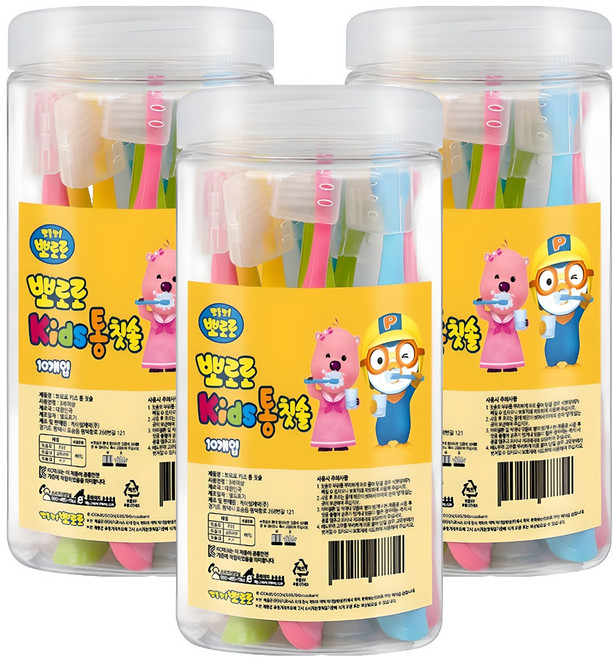케이엠제약 뽀로로 키즈 통 칫솔, 핑크 + 옐로우 + 그린 + 블루, 10개입, 3세트