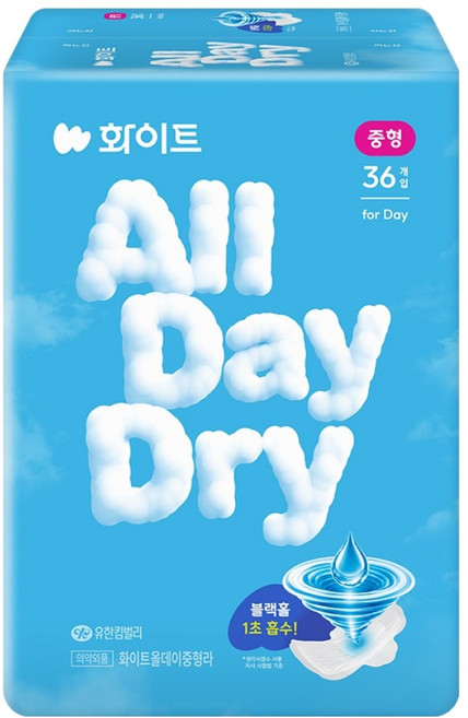 유한킴벌리 화이트 올데이드라이 생리대 날개형, 중형, 36개입, 1개