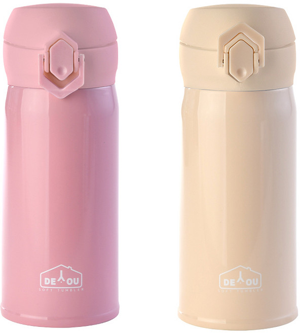 디유 비비드 2중 진공 원터치 보온병, 핑크 + 아이보리, 350ml, 1세트