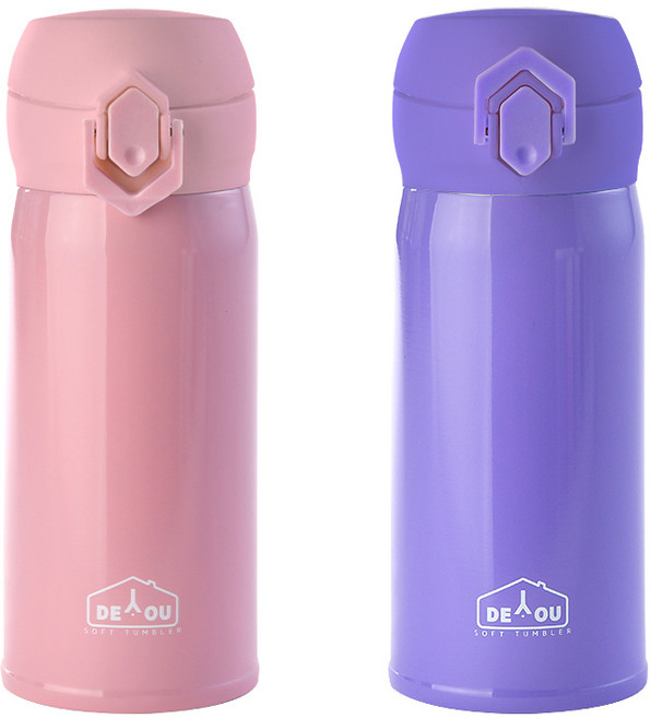 상상앤드 비비드 2중 진공 원터치 보온병, 핑크 + 퍼플, 350ml, 1세트