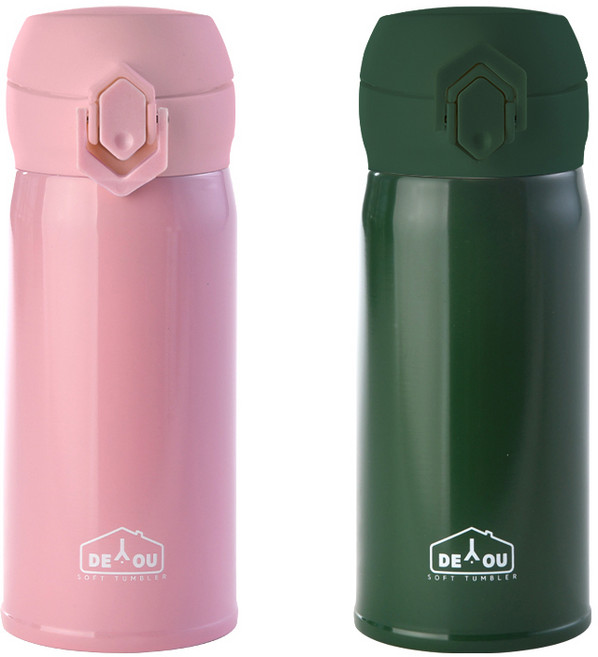 상상앤드 비비드 2중 진공 원터치 보온병, 핑크 + 카키, 350ml, 1세트