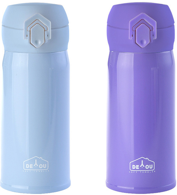 디유 비비드 2중 진공 원터치 보온병 2종 세트, 스카이 + 퍼플, 350ml, 1세트