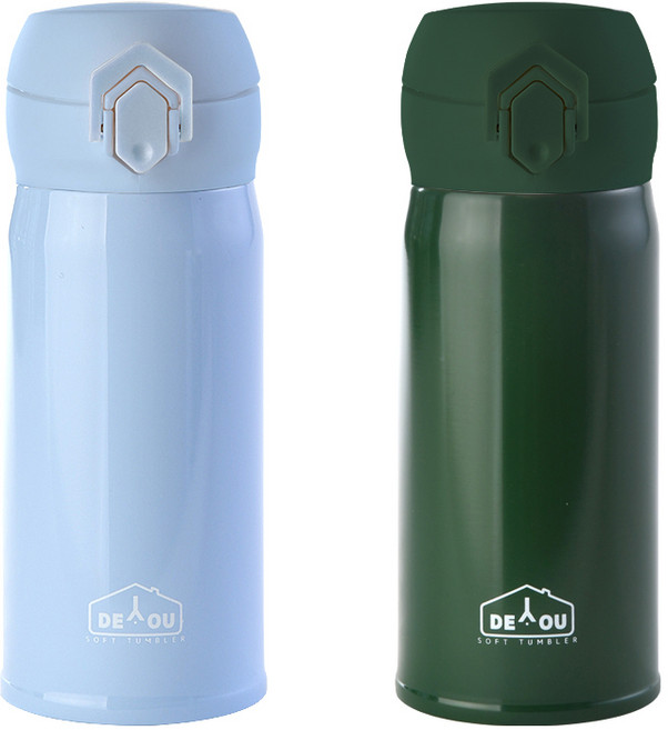 디유 상상앤드 비비드 2중 진공 원터치 보온병, 스카이 + 카키, 350ml, 1세트