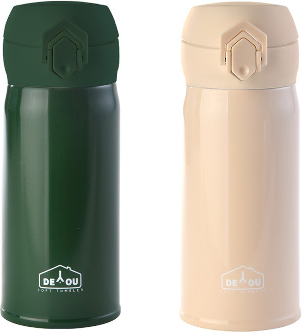 디유 비비드 2중 진공 원터치 보온병, 아이보리 + 카키, 350ml, 1세트