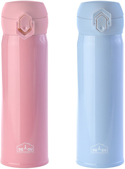 디유 비비드 2중 진공 원터치 보온병, 핑크 + 스카이, 500ml, 1세트