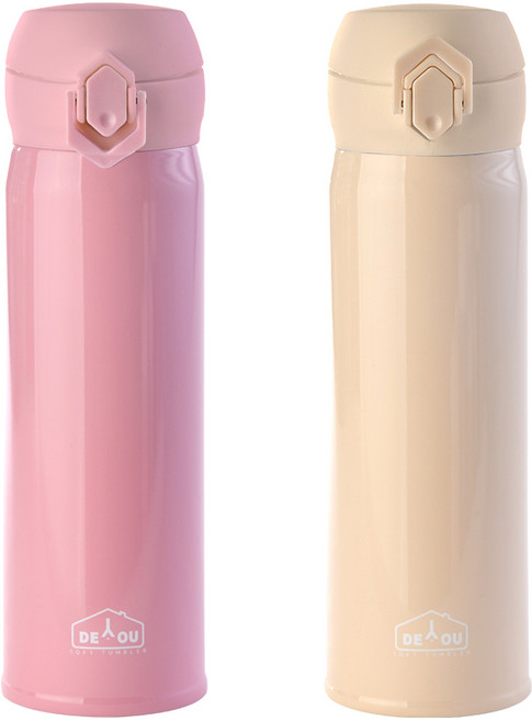 디유 상상앤드 비비드 2중 진공 원터치 보온병, 핑크 + 아이보리, 500ml, 1세트