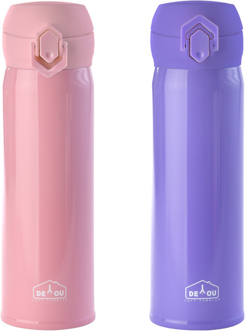 상상앤드 비비드 2중 진공 원터치 보온병, 핑크 + 퍼플, 500ml, 1세트