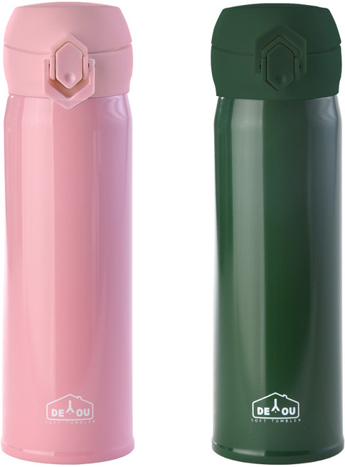 디유 비비드 2중 진공 원터치 보온병 2종 세트, 핑크 + 카키, 500ml, 1세트