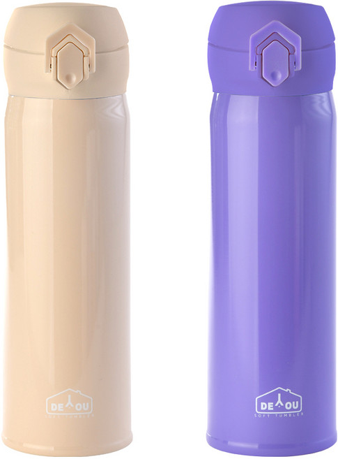 상상앤드 비비드 2중 진공 원터치 보온병, 아이보리 + 퍼플, 500ml, 1세트