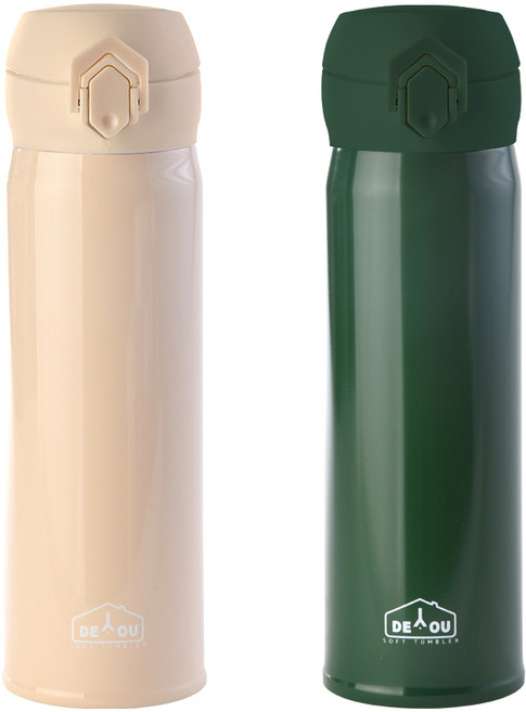 디유 비비드 2중 진공 원터치 보온병, 아이보리 + 카키, 500ml, 1세트