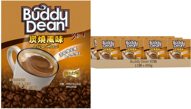 Buddy Dean 巴迪 三合一咖啡 炭燒風味, 18g, 25包, 12袋