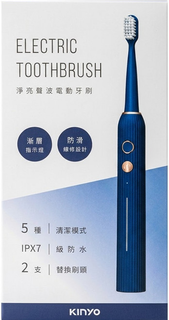 Kinyo 聲波電動牙刷 附刷頭 2個 + 充電線, ETB-776, 藍色, 1盒
