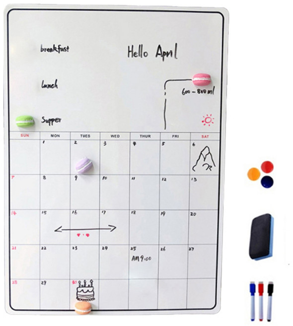 베러홈 냉장고용 자석 캘린더 메모보드 + 보드마카 3종 + 지우개 + 자석핀 3종 세트 BSH00, 고무재자기 + PET