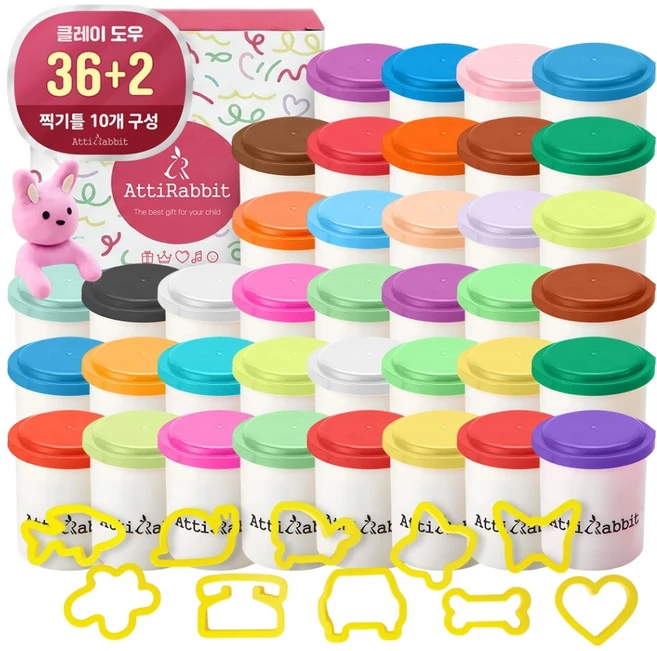 아띠래빗 창의력 쑥쑥 아트 클레이 도우 38p + 찍기틀 10종 세트, 혼합색상, 3.95kg, 1세트 - 쿠팡