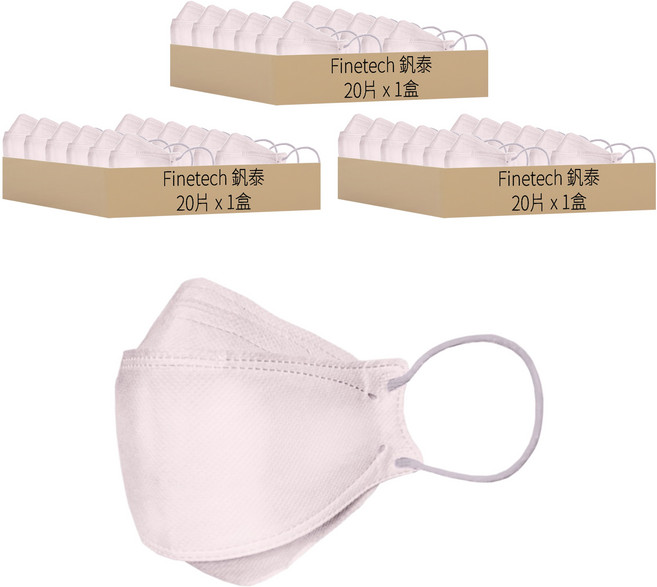 Finetech 釩泰 成人醫用立體魚型口罩 韓版KF94, 紫芋色, 20片, 3盒