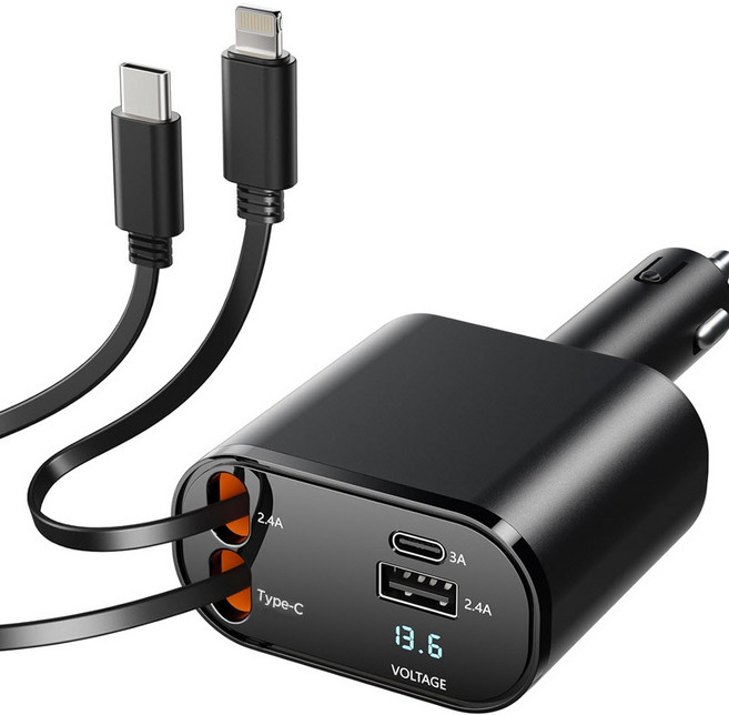 더존 4in1 각도조절 릴타입 차량용 시거잭 고속충전기, PT-16, 그레이 + 블랙