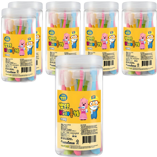 케이엠제약 뽀로로 키즈 통 칫솔, 핑크 + 옐로우 + 그린 + 블루, 10개입, 6세트