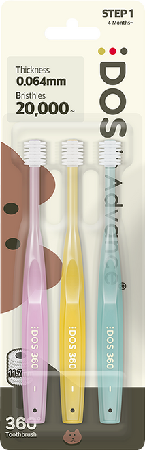 DOS in Advance 360 嬰兒牙刷 第1階段, 3入, 1個, 紫色+黃色+薄荷