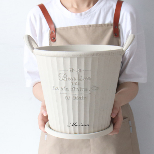 모리앤 본리앙 핸들 빈티지 플라스틱 화분 원형 2523 + 받침 세트, 베이지, 1개