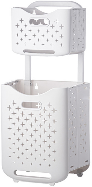 FAmILyLIFE 生活 拉桿式附輪可壁掛雙層分類洗衣籃 YG-161-W 1.5kg 1個, 簡約白