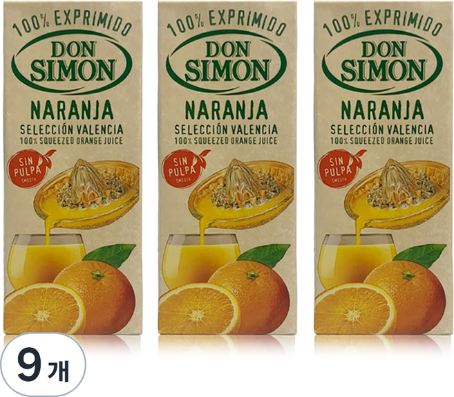 돈시몬 생과일 착즙 100% 오렌지주스, 200ml, 9개