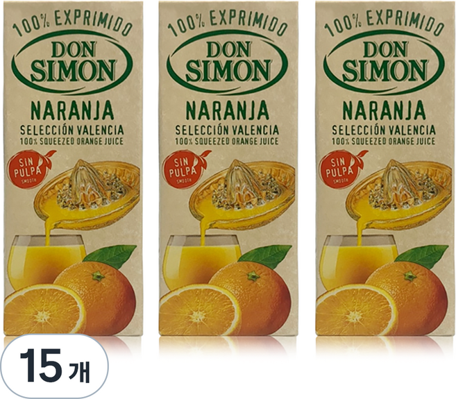 돈시몬 생과일 착즙 100% 오렌지주스, 200ml, 15개