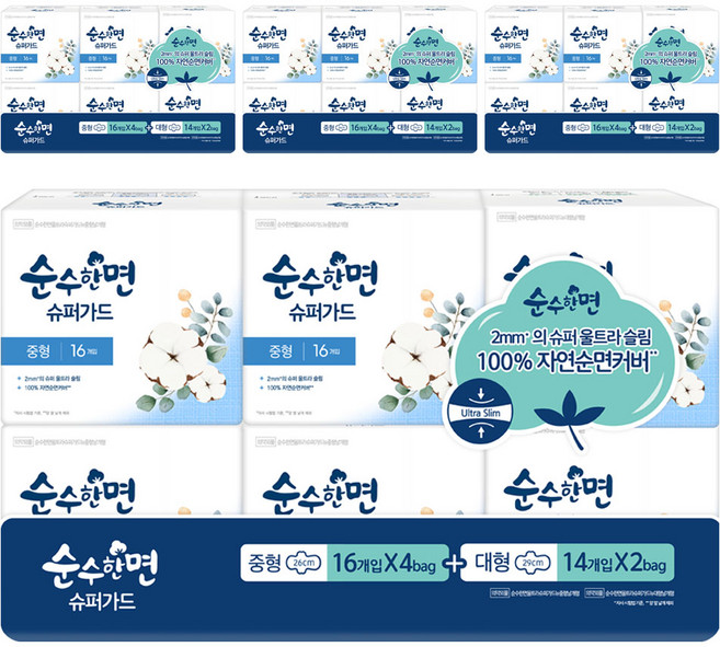 순수한면 슈퍼가드 생리대 날개형 중형 16p x 4팩 + 대형 14p x 2팩 세트, 4세트, 16개입