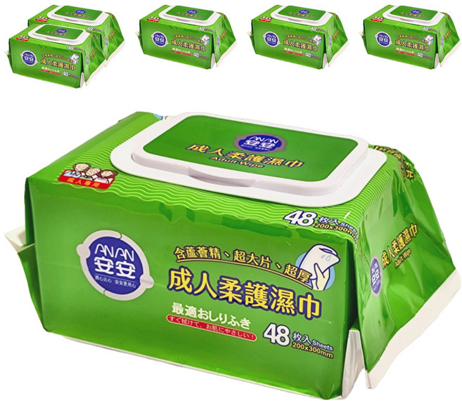 安安 成人柔護濕巾 含蘆薈精華 超大片超厚, 1入, 6包