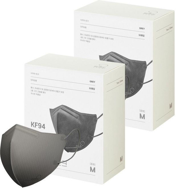 맘편히마스크 새부리형 마스크 중형 KF94 5매입 포장, 50개입, 2개, 그레이