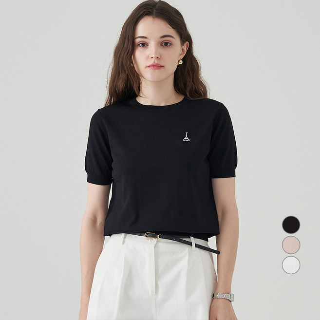 ELLE PARIS 여성용 시그니처 로고 자수 데일리 반팔 니트