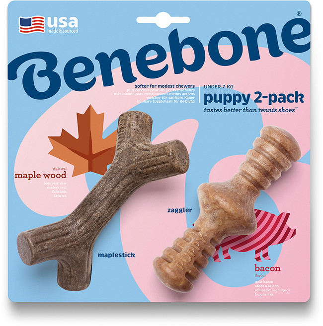 베네본 소프트 퍼피 패키지 2팩 강아지 치석제거 츄잉 장난감 메이플스틱 + 재글러, 베이컨, 1세트