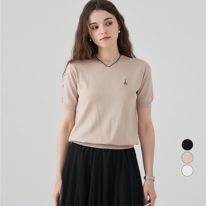 ELLE PARIS 여성용 시그니처 로고 자수 데일리 반팔 니트