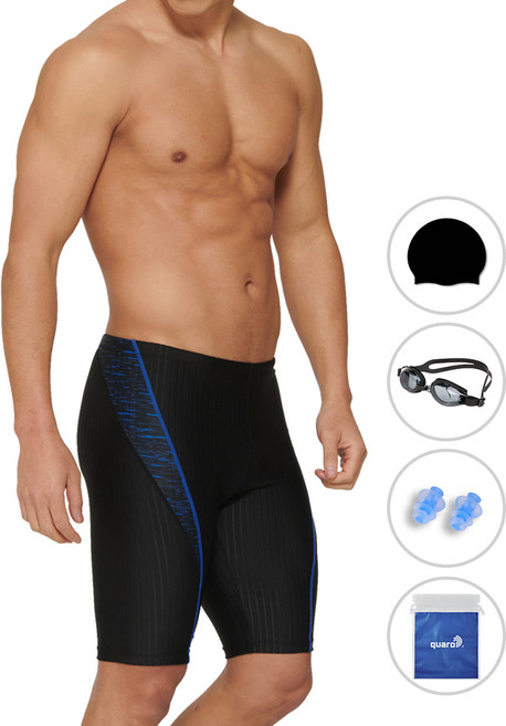 쿠아로 남성용 실내 5부 수영복 + 수모 + 수경 + 귀마개 + 비닐백 세트 QRM544S