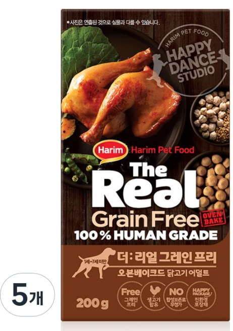 하림펫푸드 더리얼 어덜트 강아지 그레인프리 오븐베이크드 닭고기 건식사료, 닭, 200g, 5개