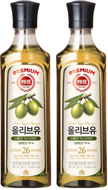 해표 압착 올리브유, 500ml, 2개