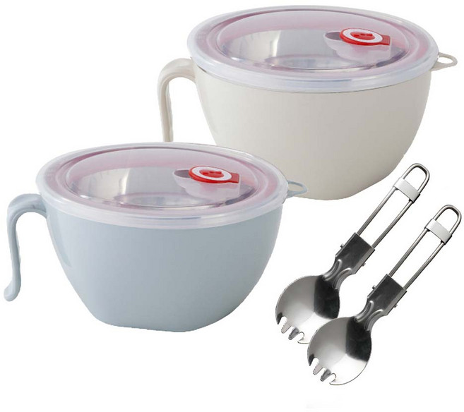 FAmILyLIFE 生活 316不鏽鋼隔熱保鮮泡麵碗 1200ml 2入組 附上蓋+湯叉匙, 1個, 蘇打藍 + 奶昔白