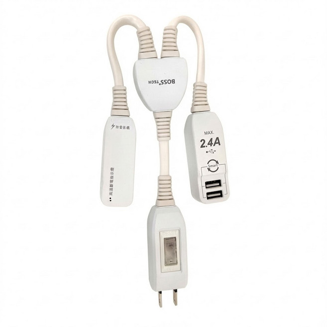 BOSS TECH 1開2插2P高溫斷電USB延長線 36cm 雙USB充電插座, 白色, 1條