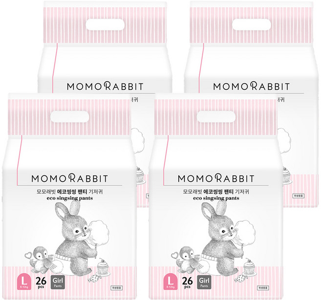 모모래빗 에코씽씽 오리지널 팬티기저귀 여아용, 대형(L), 104매