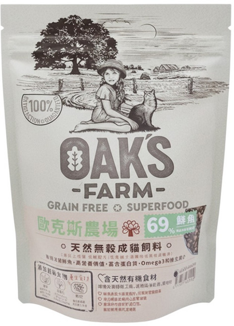 OAK'S FARM 成貓 天然無穀飼料, 鯡魚, 400g, 1袋