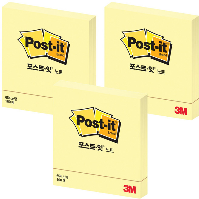 포스트잇 노트 접착메모지 654, 노랑, 100매, 3개