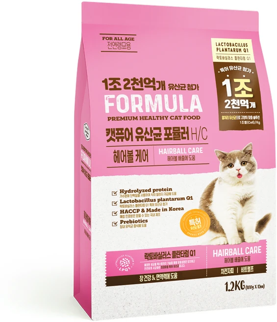 캣퓨어 고양이 유산균 포뮬러 기능성 사료, 헤어볼+장건강, 1.2kg, 1개 - 쿠팡