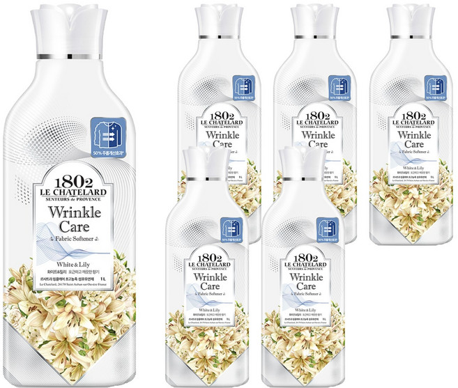 르샤트라1802 링클케어 초고농축 섬유유연제 화이트 & 릴리 본품, 1L, 6개