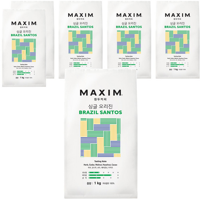 맥심 싱글 오리진 브라질 산토스 원두커피, 홀빈(분쇄안함), 1kg, 6개