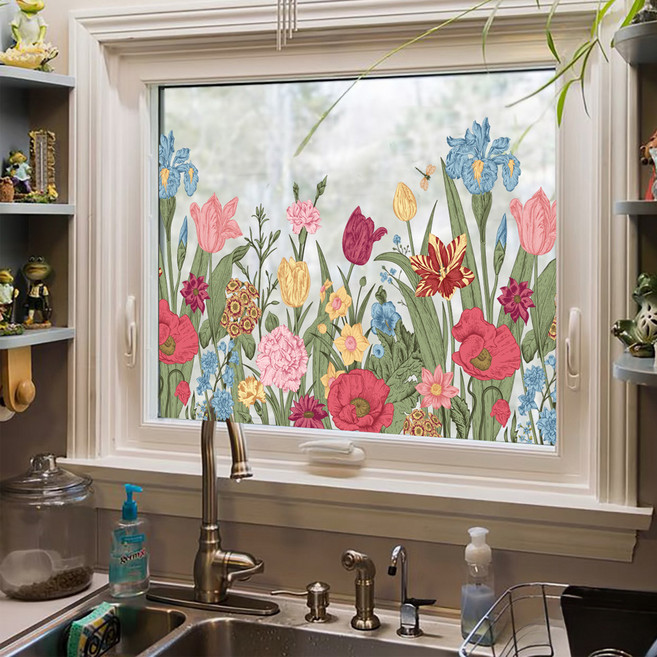 LANO 植物花卉靜電隱私保護窗貼, 植物風